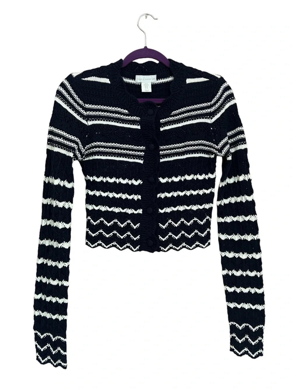 House of Harlow 1960 Striped Knit Cropped Cardigan Navy White XS